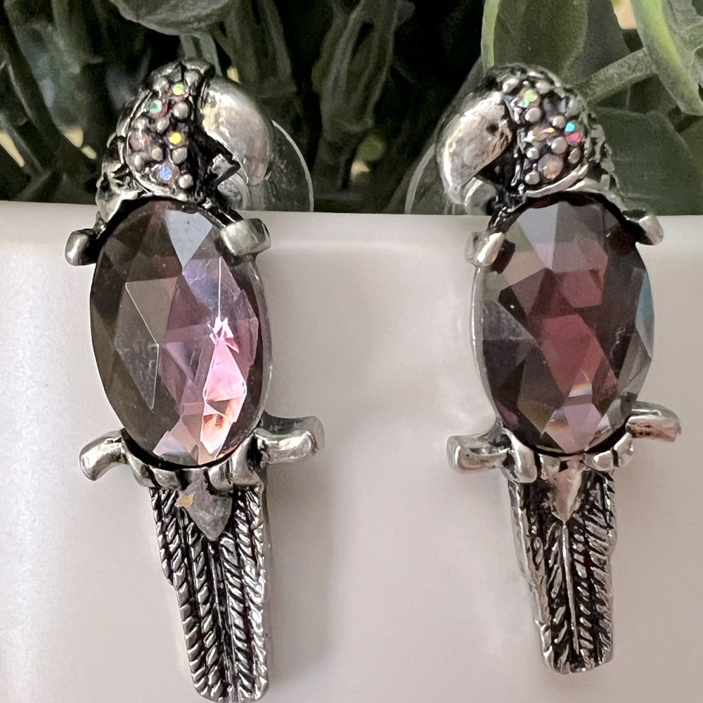 Chico’s Parrot Silver Tone Purple Crystal Earrings